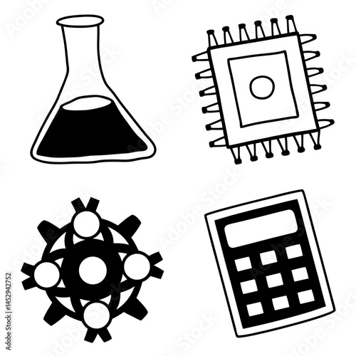 Outline Style Icons of STEM Subjects - Science, Technology, Engineering, Mathematics - for Educational Websites and Infographics.