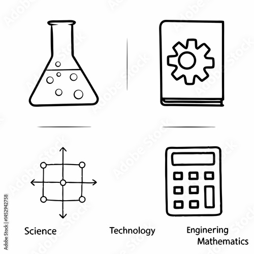 Outline Style Icons of STEM Subjects - Science, Technology, Engineering, Mathematics - for Educational Websites and Infographics.