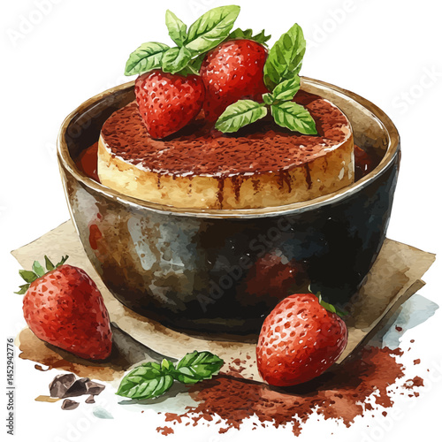 watercolor of Bowl Of Tiramisu With Cocoa Powder On Top, vector, isolated on a white background.