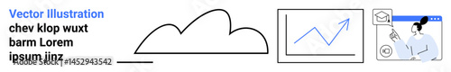 Cloud shape, data trend chart with arrow, and person interacting with online interface. Ideal for technology, data trends, education, user experience, analytics, innovation simple landing page