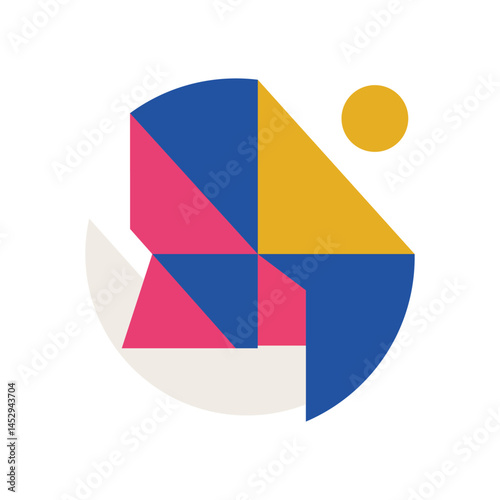 This bold minimalist vector illustration features a striking arrangement of geometric shapes such as circles, squares, triangles, and lines. The composition embraces simplicity and clarity, using flat