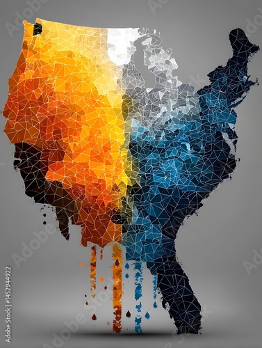 A polygonal illustration of landmasses is arranged with warm colors in the west and cool colors in the east, with a melting effect along the bottom.