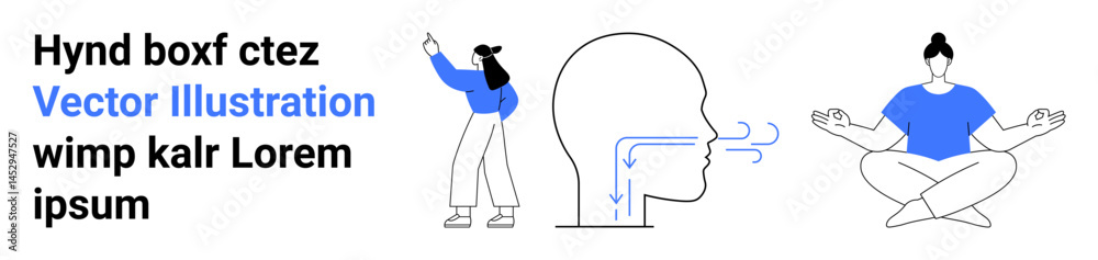 Obraz premium Woman pointing at text, profile head breathing airflow, person meditating in lotus position. Ideal for wellness, mindfulness, relaxation, breathing exercises, self-care, focus simple landing page