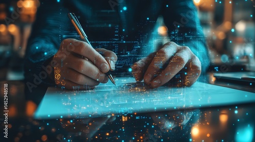 Hands Writing with Futuristic Digital Data Overlay in Tech Environment photo
