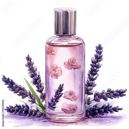 illustration of Bottle Of Facial Toner With Lavender Label, watercolor vector, isolated on a white background.