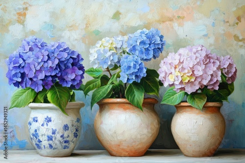 Wallpaper Mural embroidery with a stitch hydrangea in clay pots elegantly stylishly high quality image wallpaper Torontodigital.ca