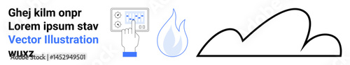 Hand tapping a control panel, water drop icon, flame, cloud line. Ideal for technology, environment, smart home, automation, weather user interfaces simple landing page