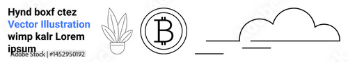 Potted plant, Bitcoin icon, abstract cloud with horizontal lines, and text elements. Ideal for finance, nature, technology, cryptocurrency, branding minimalism flat landing page banner