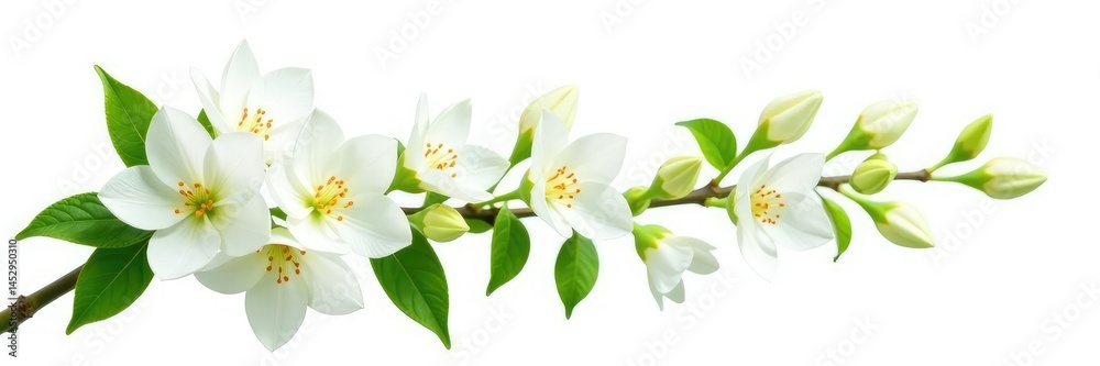 Obraz premium White flowers and lush branch on isolated white background, greenery, branches, organic