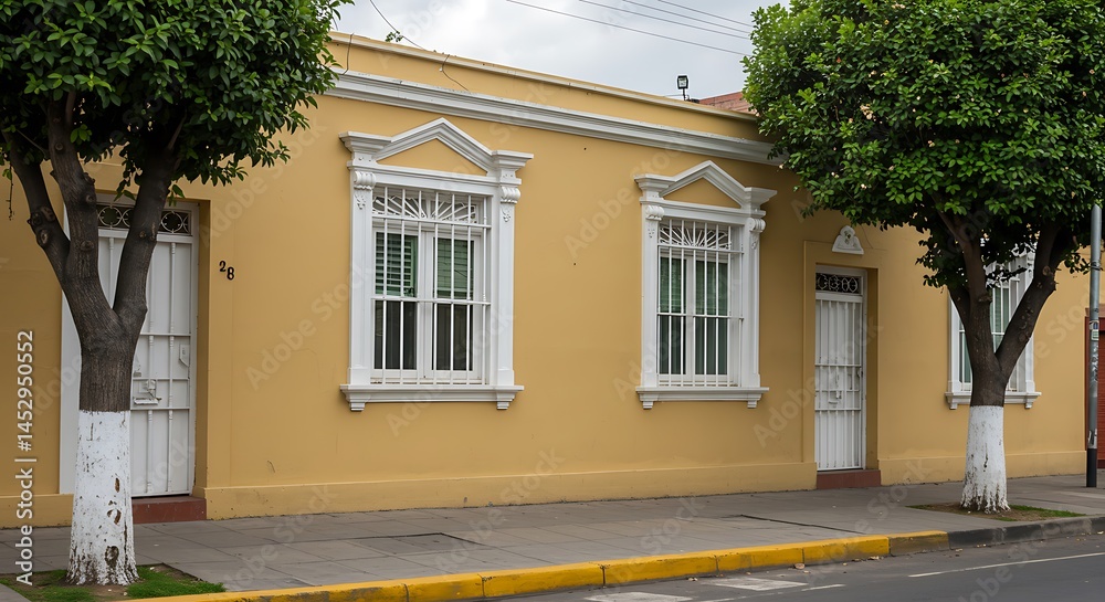 Obraz premium Beautiful house facade in vibrant Latin American colors, showcasing a front view with a sidewalk in a South American town, capturing the essence of Lima's urban charm.