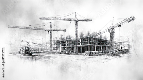 Construction site sketch with cranes and building