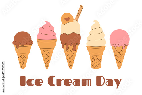Horizontal summer poster, postcard National Ice Cream Day. Soft vanilla chocolate gelato, melted scoop ice cream, of in waffle cone on white background. Hand drawn flat Vector illustration EPS10