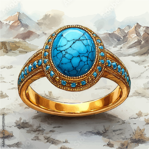 watercolor of Bold Statement Ring With A Large Turquoise Stone, vector, isolated on a white background.