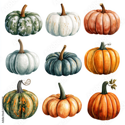 Watercolor pumpkin set. Autumn harvest vegetables clipart with green, white, and orange pumpkins. Thanksgiving, Halloween, fall decor, rustic seasonal illustration