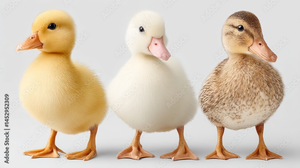 Fototapeta premium Three ducklings standing in a row