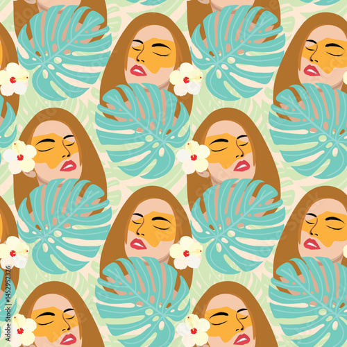 Sun kissed woman/girl, beachwear seamless pattern