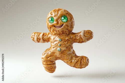 A gingerbread man with green eyes and icing details is running joyfully on a light background.