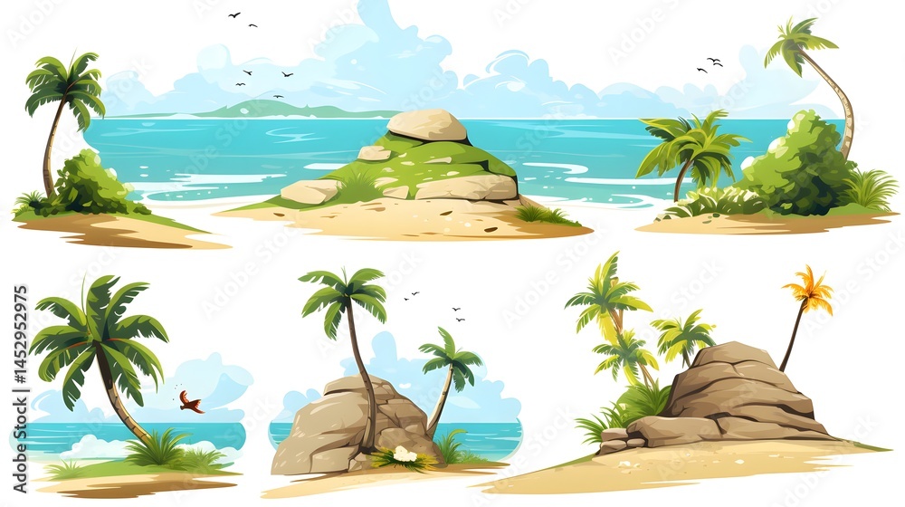 Obraz premium Detailed set of beach landscape illustrations for travel brochures and vacation websites