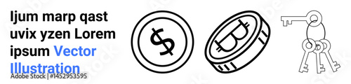 Bitcoin coin, dollar coin, and keyring with keys represent digital currency, security, and access. Ideal for fintech, digital transactions, blockchain, security finance investments abstract line