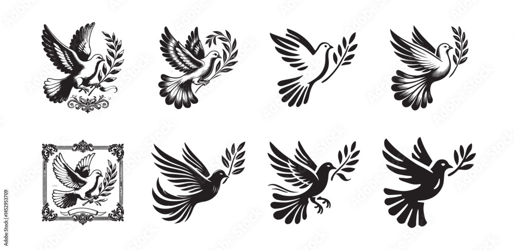 Fototapeta premium Black vector set of doves with olive branches, peace symbol illustrations