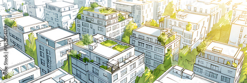Architectural sketch illustration of modern city buildings with green rooftops and vegetation. Sustainable urban development, eco-city, green architecture concept.
