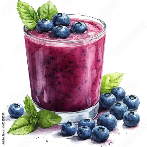 Blueberry Juice With A Blueberry Garnish, vector watercolor illustration, isolated on a white background.