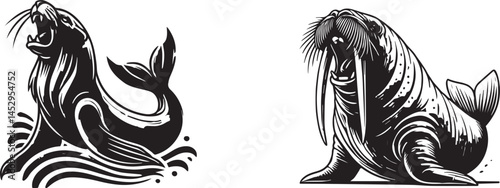 Sea Lion and Walrus haul out vector illustration