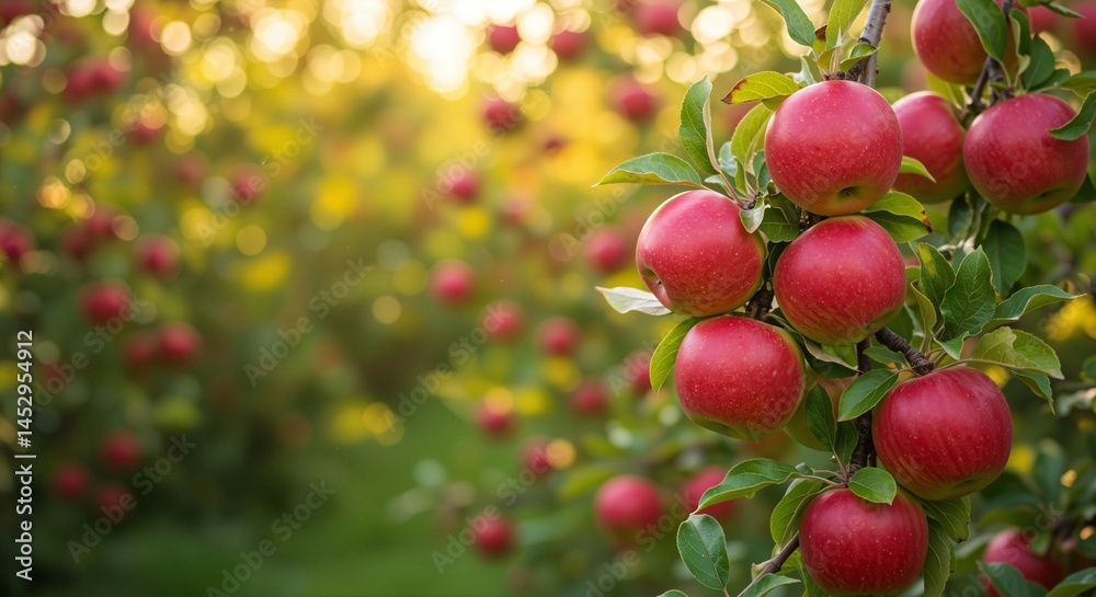Bright red apples hanging from branches in a lush orchard, surrounded by soft bokeh of autumn colors, representing harvest and abundance Bright red apples hanging from branches in a lush orchard, surrounded by soft bokeh of autumn colors, representing harvest and abundance