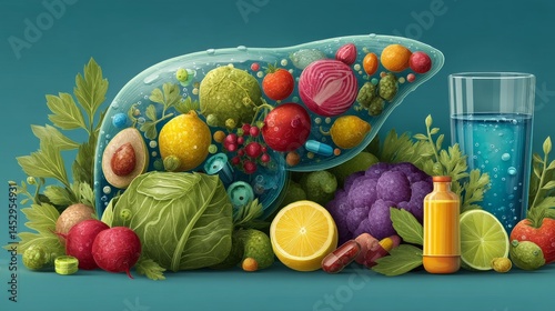 Colorful arrangement of fruits, vegetables, and beverages showcasing healthy eating habits and vibrant food art on a teal background