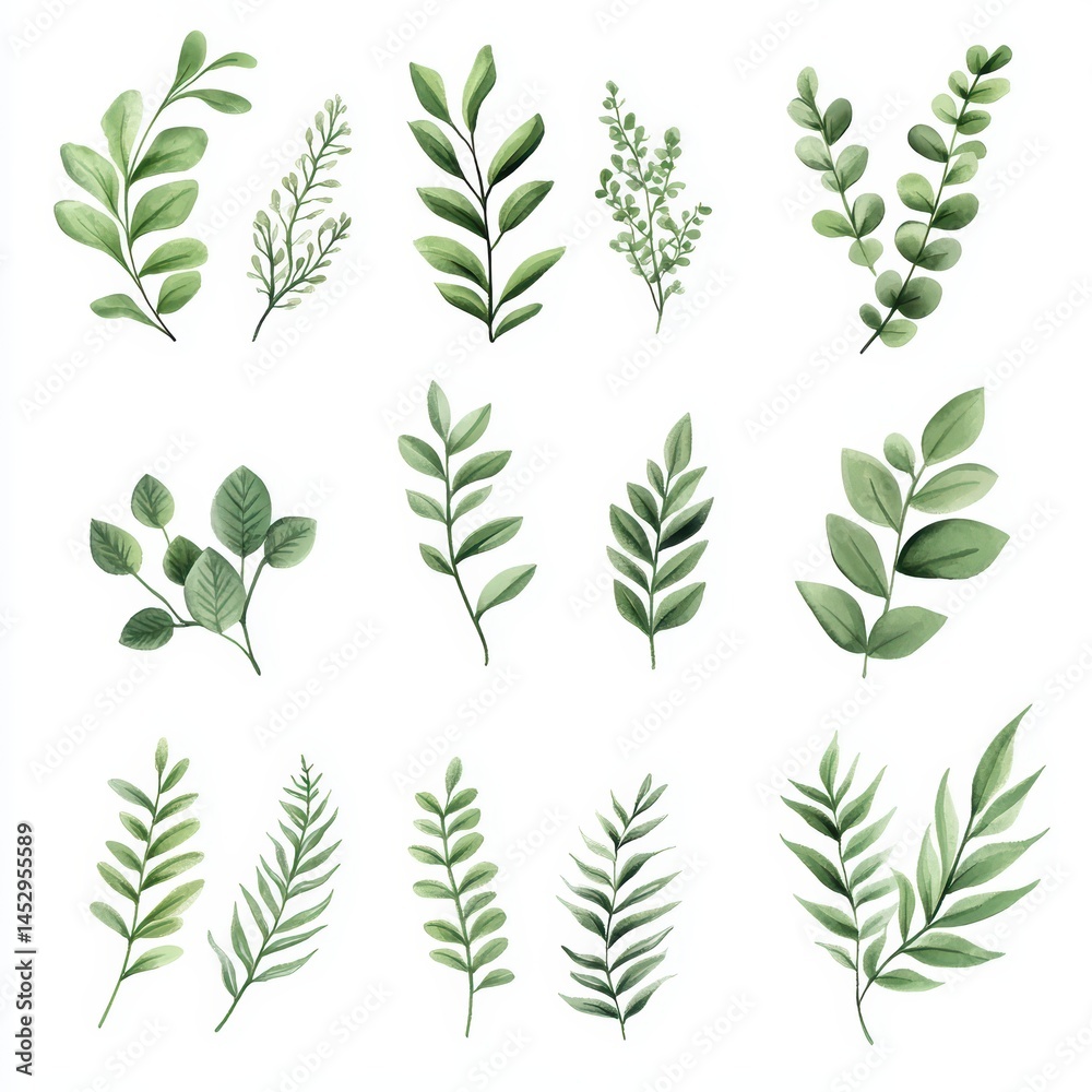 Fototapeta premium Various Green Leaves Illustrations for Nature and Botanical Design Projects and Backgrounds