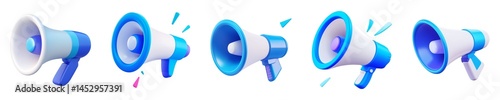Collection of five different angle 3D blue and white megaphones for promotion on transparent background