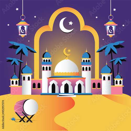 Eid Mubarak Mosque Illustration with Crescent Moon and Lanterns