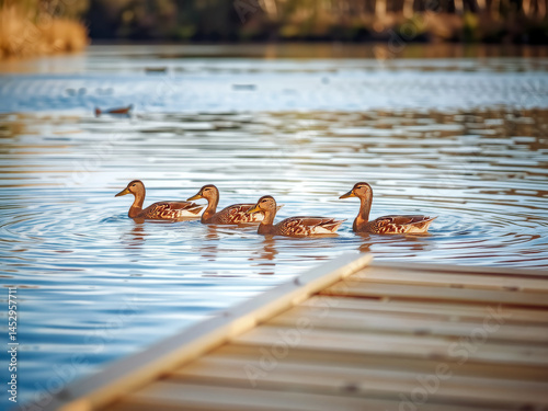 A group of ducks swimming in a lake. The ducks are in a row and are swimming towards the dock