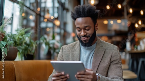 A young entrepreneur wears a smart outfit and uses a tablet with a focused expression while seated in a stylish cafe decorated with plants and warm lighting
