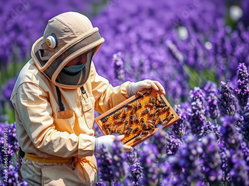 A beekeeper is holding a box of bees in a field of purple flowers. Scene is peaceful and serene, as the beekeeper is surrounded by the beauty of nature