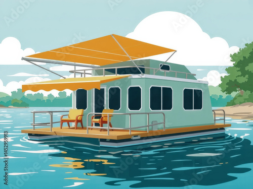 A small boat with a blue roof and a yellow canopy. The boat is floating on a lake