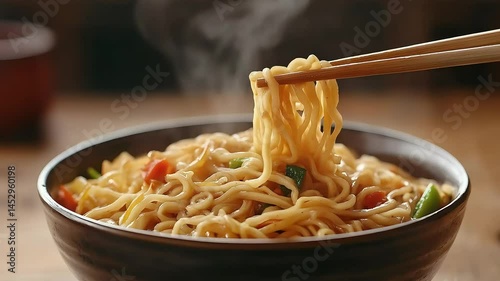 Steaming hot noodles lifted with chopsticks from bowl