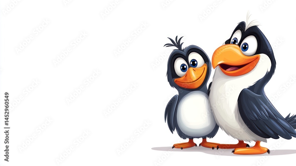 Obraz premium Two cartoon penguins, side by side, happy expressions