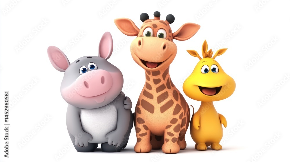 Naklejka premium Three cartoon animals, pig, giraffe, and bird, friendly poses