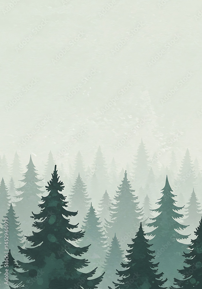 Fototapeta premium Misty Pines: Serene Green Forest Illustration AI Generated