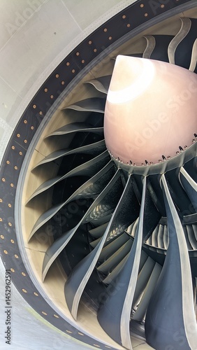 Close-up of airplane turbofan engine with fan blades