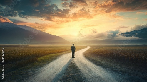A Solitary Figure at the Crossroads of Life's Journey, Sunset Over Mountainous Landscape