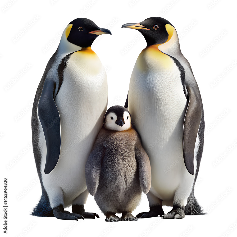 Fototapeta premium Penguin Family Adults Baby White Background