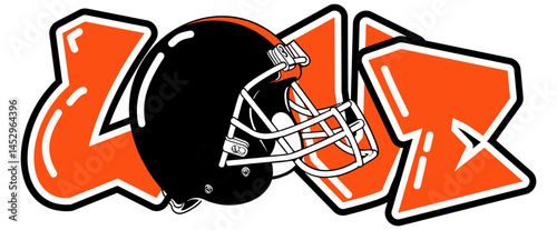 love - orange and black football player helmet, sport vector graphics, for street art - graffiti lettering typography - art illustration - multicolor - writen