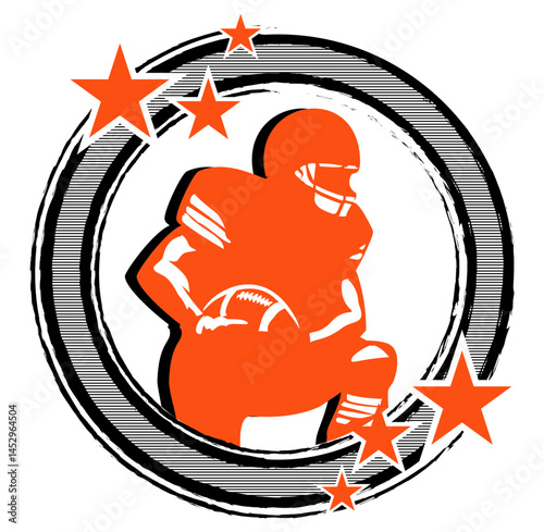 Orange and black round frame with stars and football player, sport vector graphics, retro style