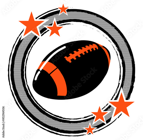 Orange and black round frame with stars and football, sport vector graphics, retro style