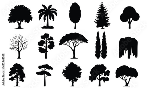 Collection of tree silhouettes for landscape design, Tree Silhouette Icon Set Variety of Tree Shapes in Black Vector