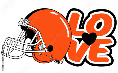 Love - word written in Black and orange with a heart in the center and a football player helmet next to the writing; sport vector graphic for street art; artistic illustration