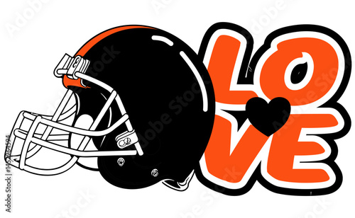 Love - word written in Black and orange with a heart in the center and a football player helmet next to the writing; sport vector graphic for street art; artistic illustration
