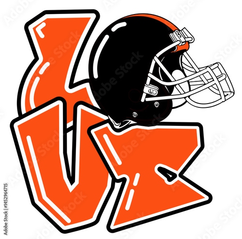 love - orange and black football player helmet, sport vector graphics, for street art - graffiti lettering typography - art illustration - multicolor - writen